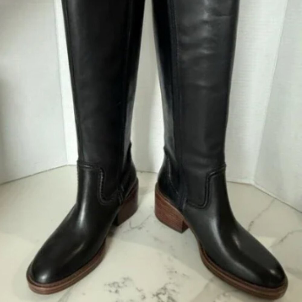 Vince Camuto Vuliann Knee High Boots Black Leather Block Heel 8.5